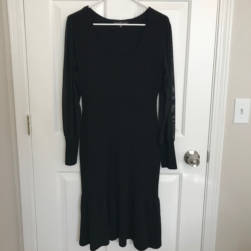 Almost Famous Plunge Sheer Sleeve Sweater Midi Dress Plus 1X Black
